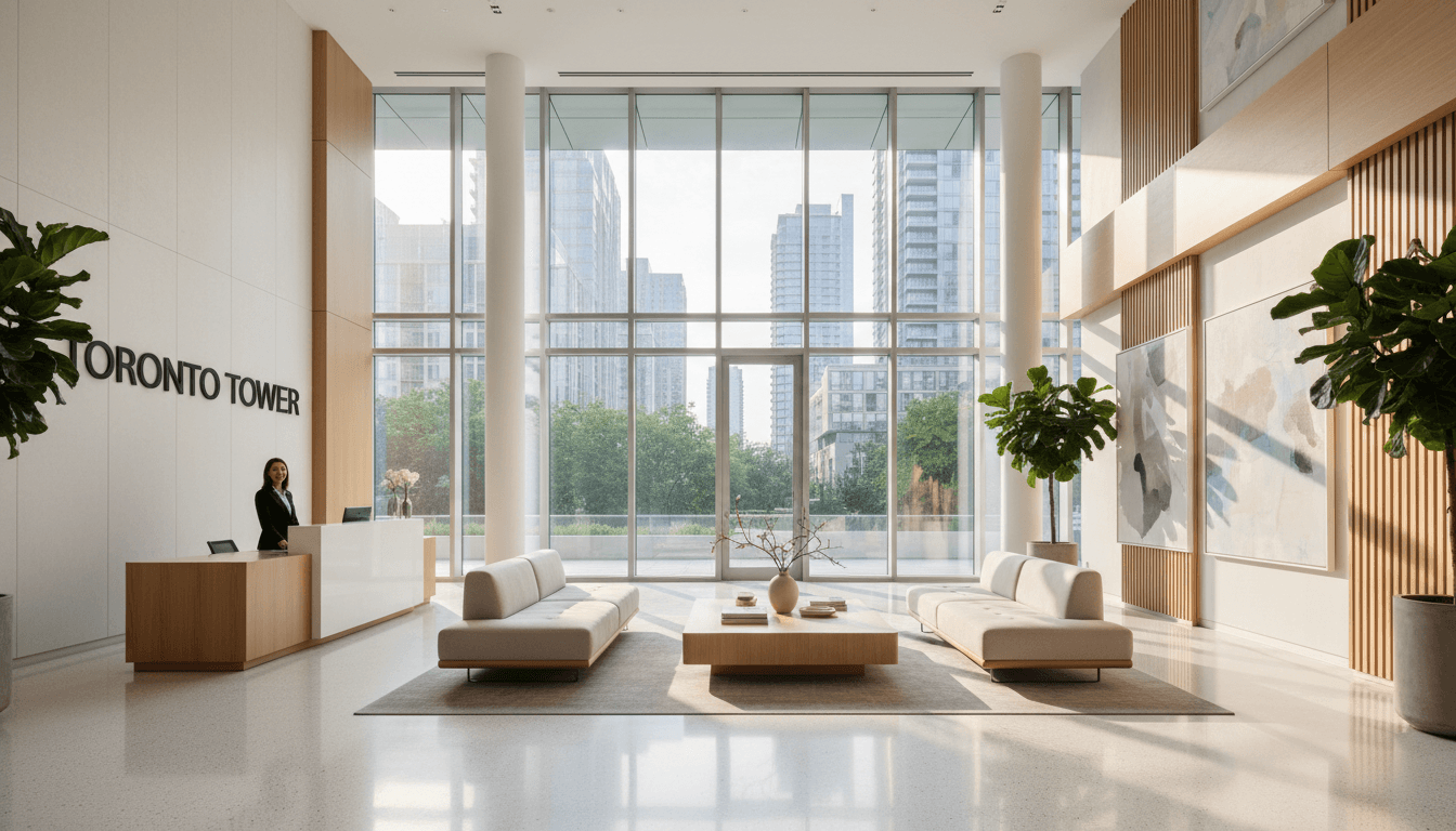 Bright commercial office lobby with polished floors and large windows
