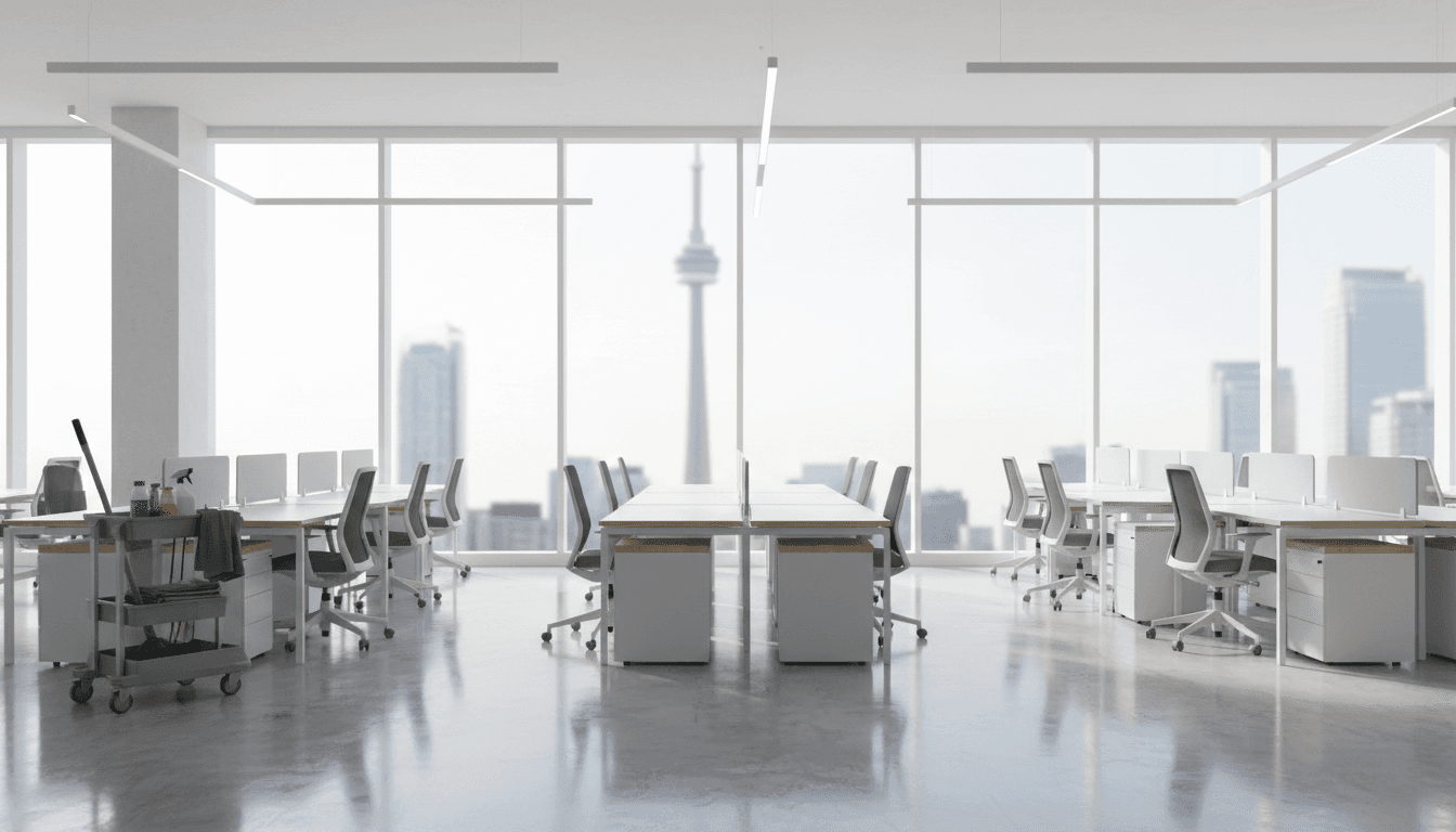 Bright modern office interior with gleaming floors and clean desks