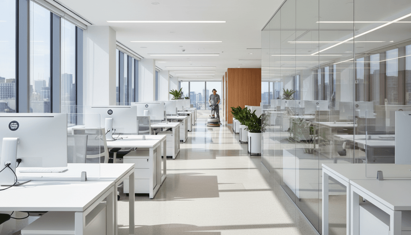 Bright modern office interior after professional cleaning, sunlight streaming through windows