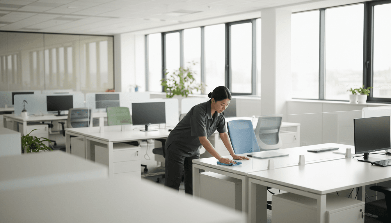 Cleaner wiping down an office desk in a bright workspace