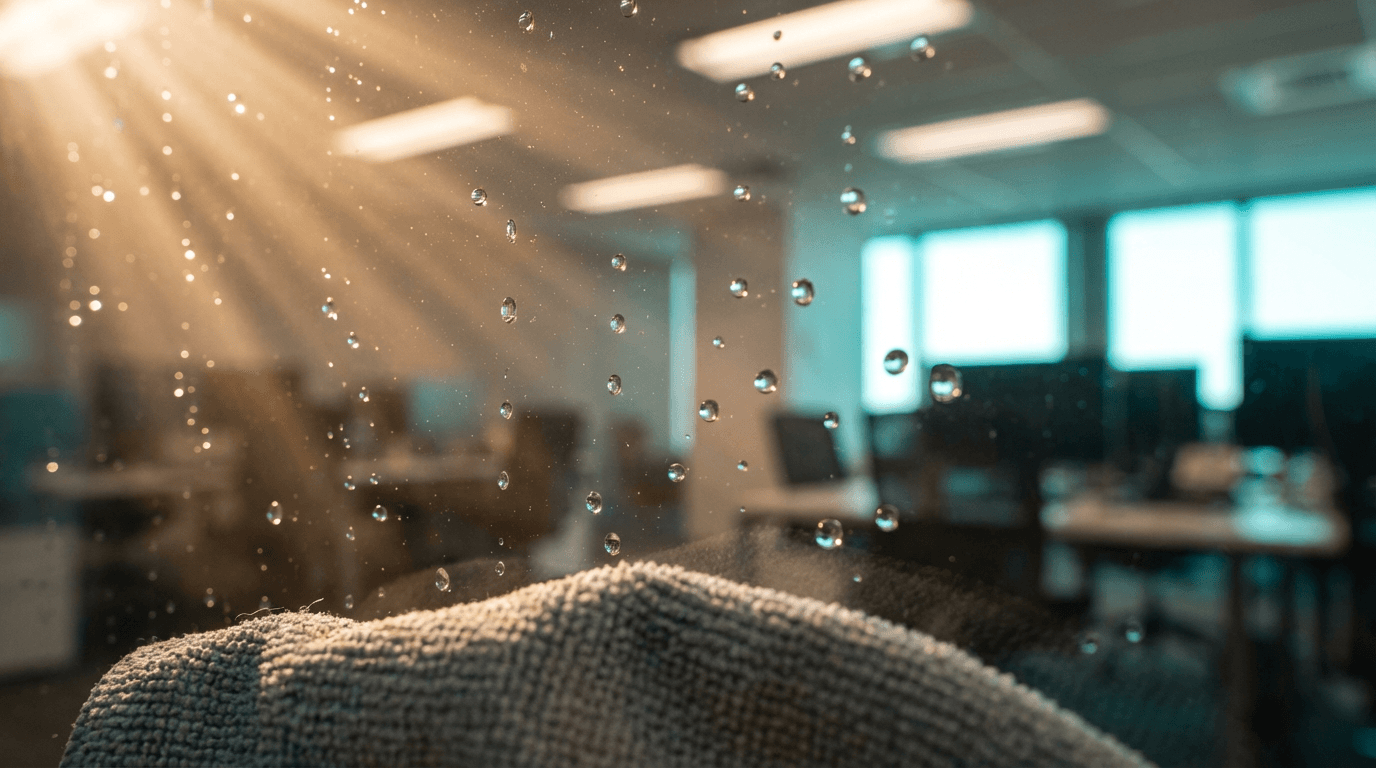 Professional cleaner wiping a glass partition in a bright Toronto office lobby