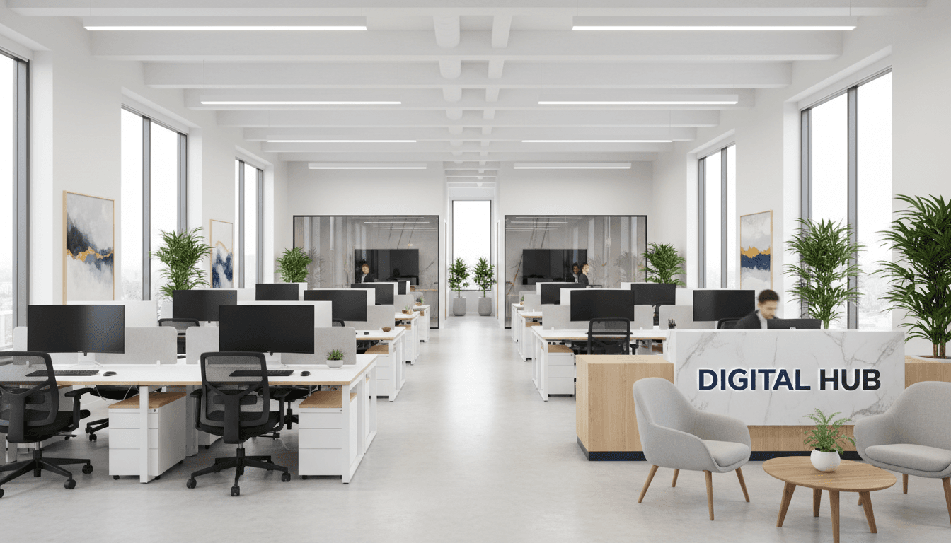 Professional cleaner wiping a reception countertop in a bright modern office