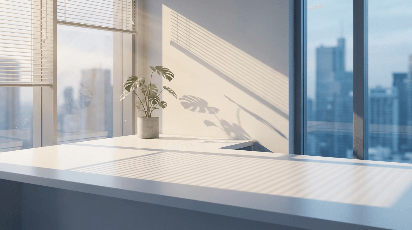 Clean modern office interior with gleaming floors and organized desks